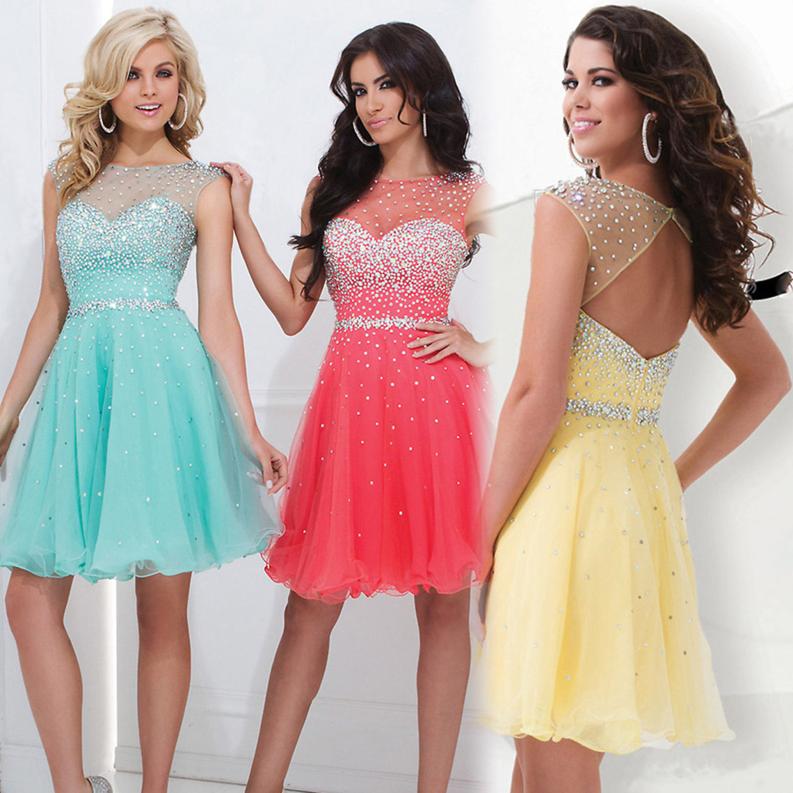 Mint Coral Short Prom Dresses 2015 Crystal Junior Party Homecoming